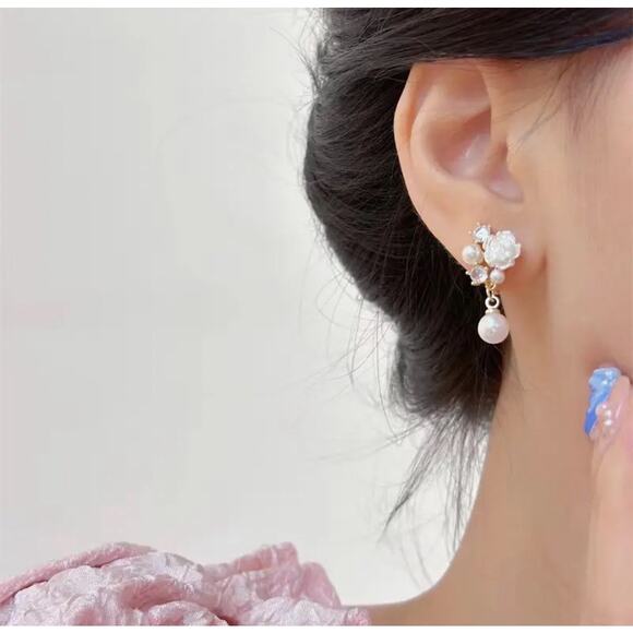 Elegant Floral Pearl Zirconia Stud Earrings, Bouquet Crystal Accent Earrings - Picture 9 of 9